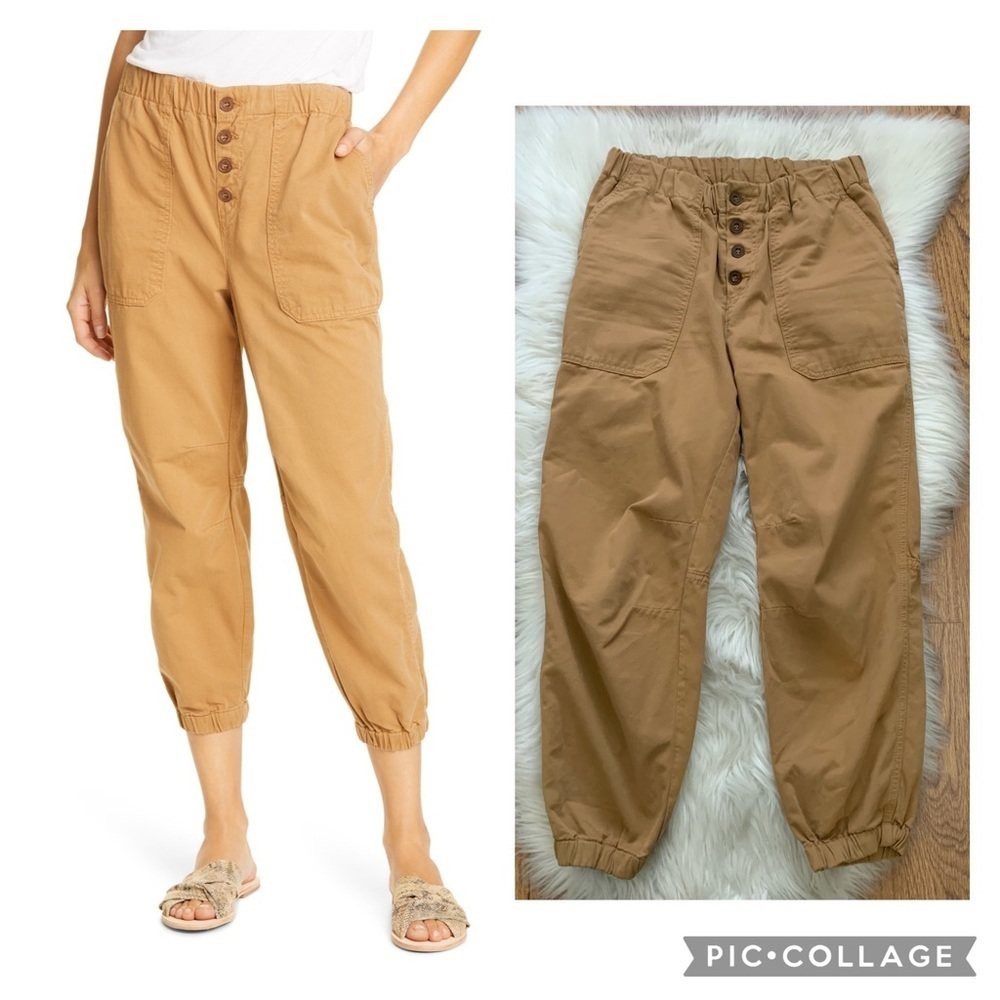 Free People Tan/Brown Crop Elastic Waist Front Buttons Cotton Joggers Si…